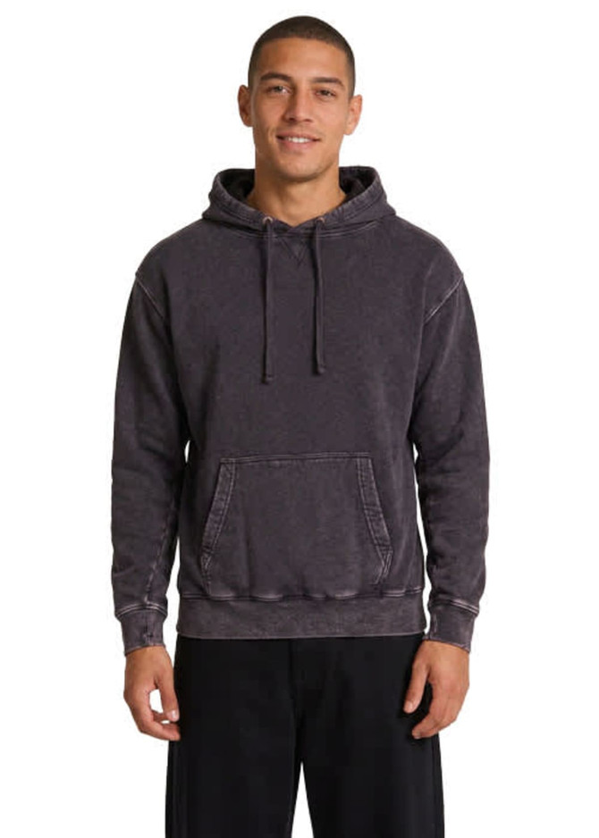 A men's stone wash fleece hoodie in a dark blue colour, featuring a front pouch pocket and a hood, with branding.