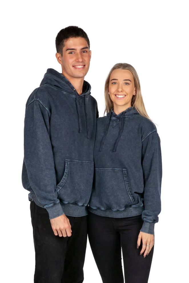 A men's stone wash fleece hoodie in navy blue worn by two models, featuring a front pocket and a logo.