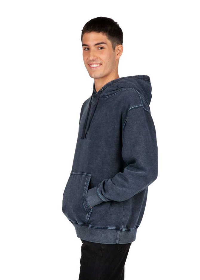 A men's stone wash fleece hoodie in dark blue with a front pocket and a hood. Features a branding logo.