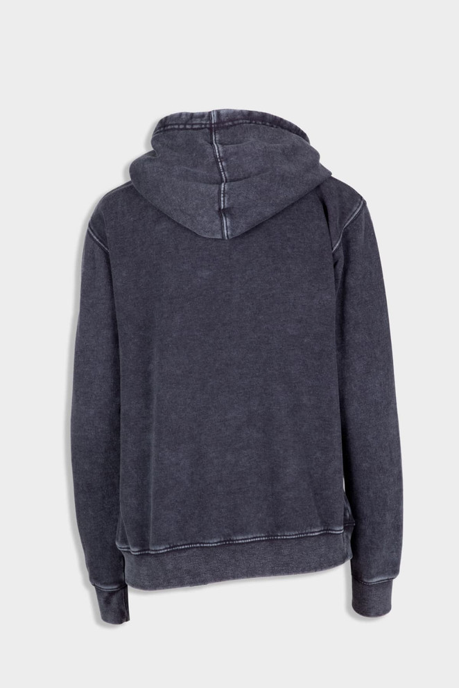 A grey stone wash fleece hoodie with a hood and a logo on the back.