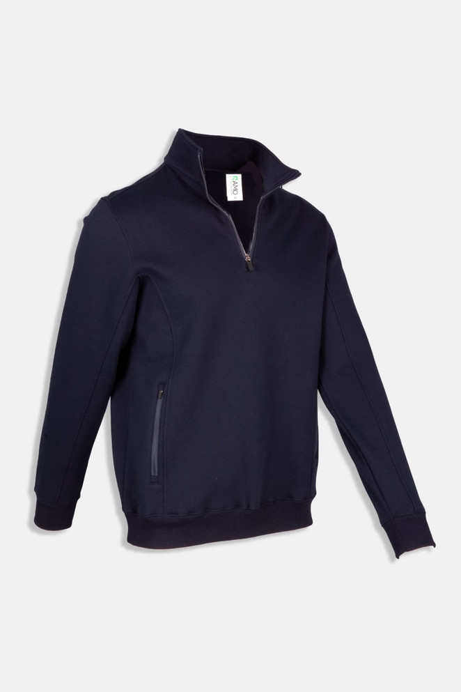 A navy half zip fleece jumper with a side pocket and logo, featuring long sleeves and a comfortable fit.