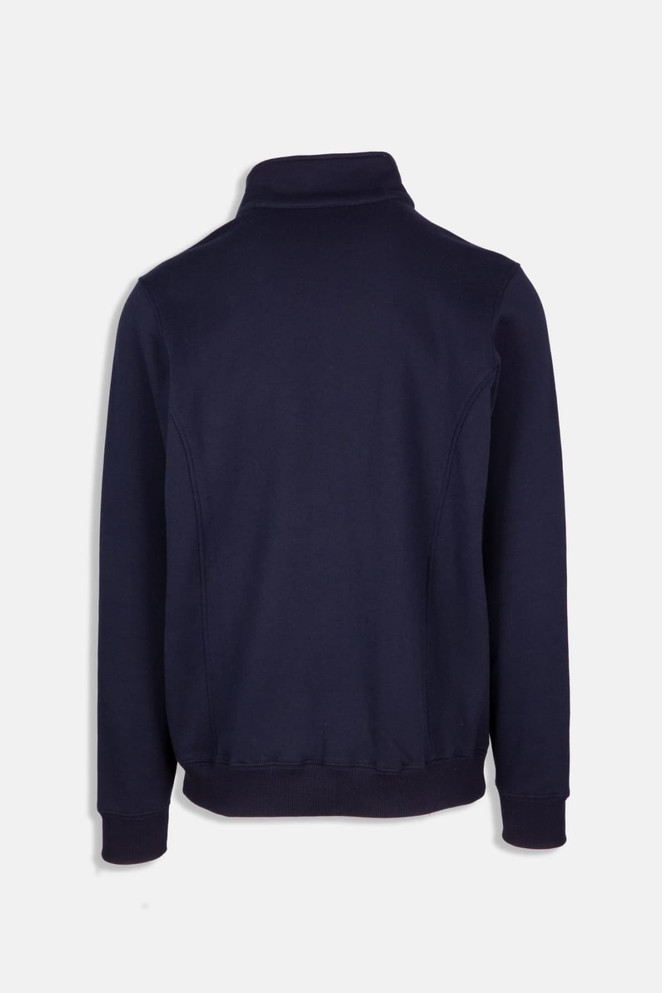 A navy blue men's half zip fleece jumper featuring a stand-up collar and ribbed cuffs. It has a logo on the back.
