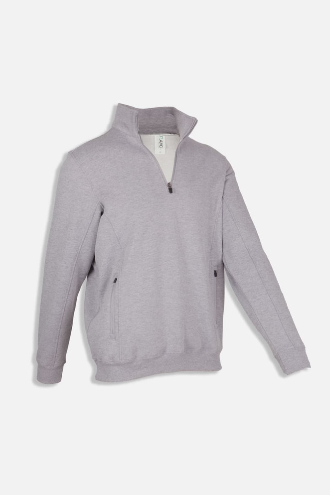 A grey men's half zip fleece jumper featuring side pockets and a zip neckline. It includes a logo.