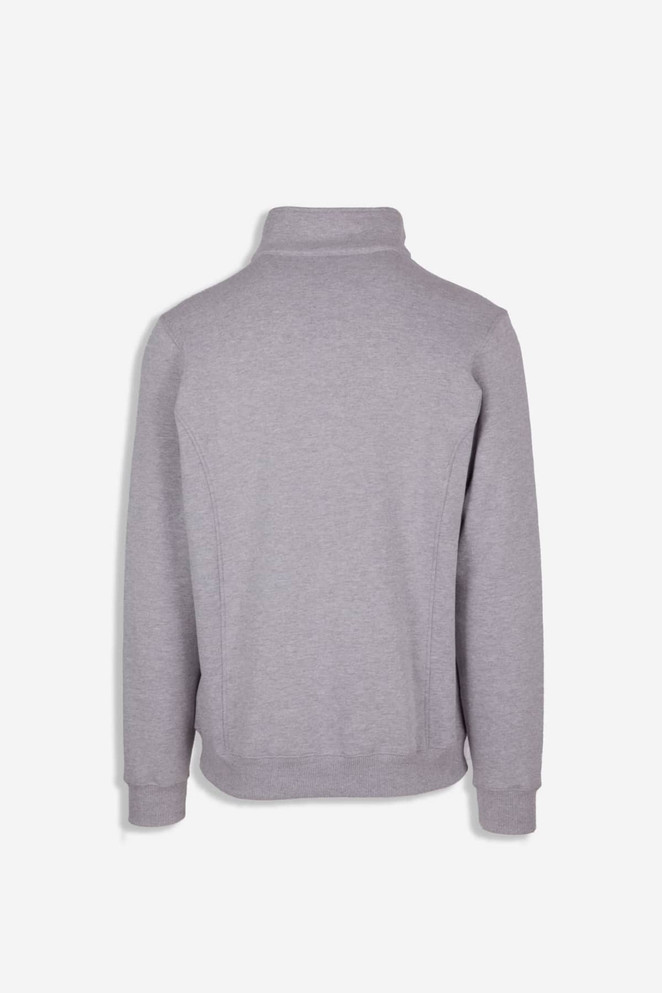 A grey men's half zip fleece jumper with a fitted collar and long sleeves. Features a logo on the back.