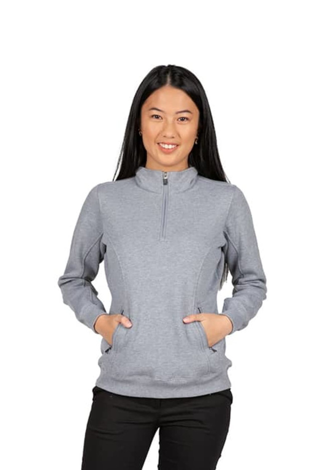 A grey women's half zip fleece jumper featuring side pockets and a stand-up collar.