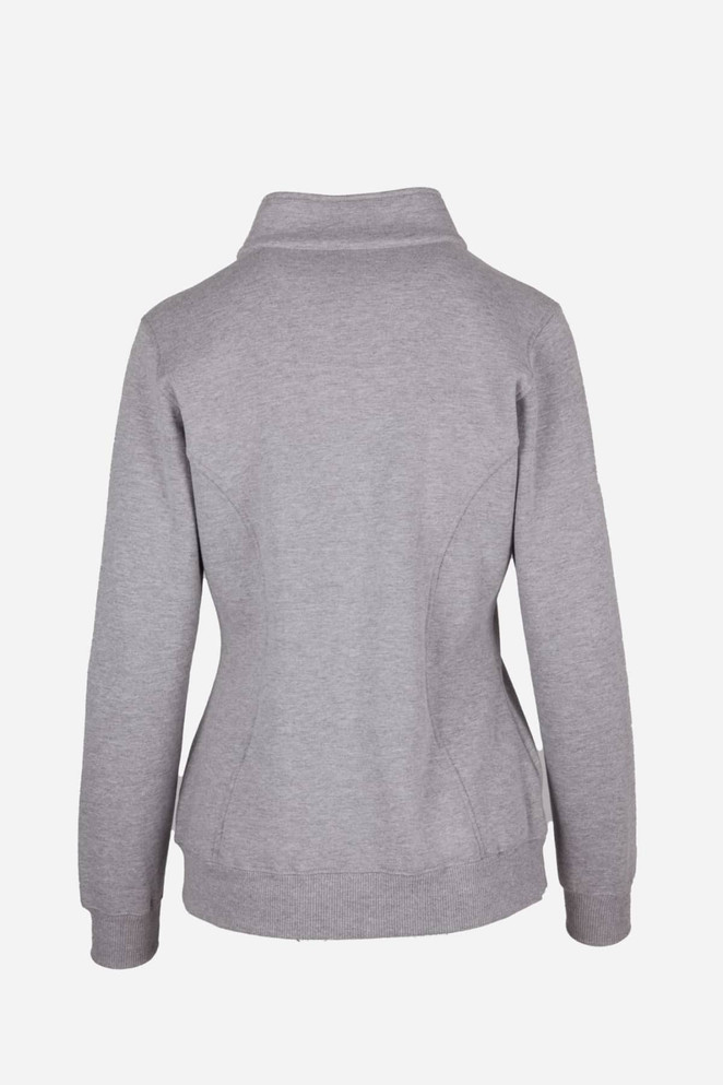 A grey women's half zip fleece jumper featuring a fitted design and a collar, with a logo on the sleeve.