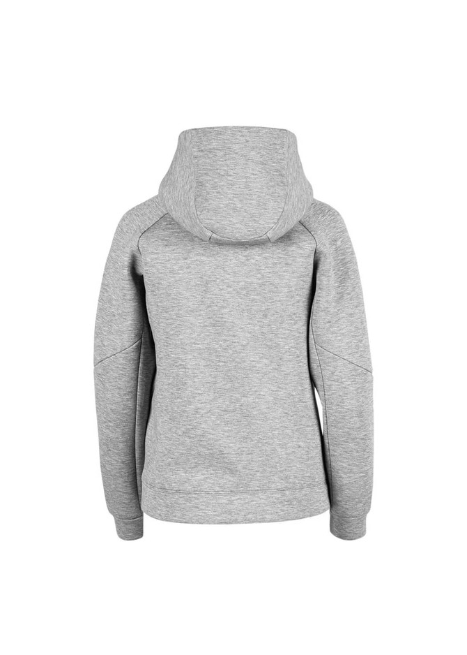 A grey women's junior hoodie featuring a hood and a simple design, with a brand logo on the back.