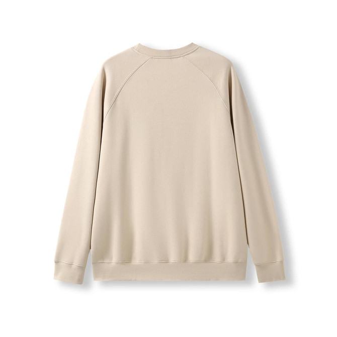 A beige adults' cotton sweatshirt with a relaxed fit and ribbed cuffs at the sleeves and hem, featuring a logo.