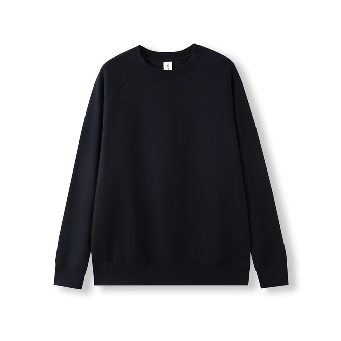A black cotton sweatshirt with long sleeves and a crew neck, featuring a logo on the label.