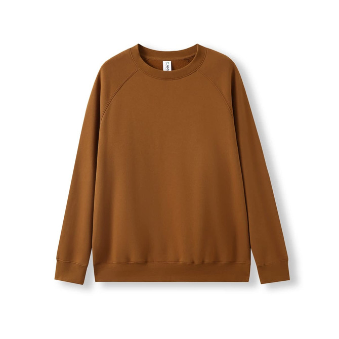 A brown adults' cotton sweatshirt with a crew neck and long sleeves, featuring a logo.