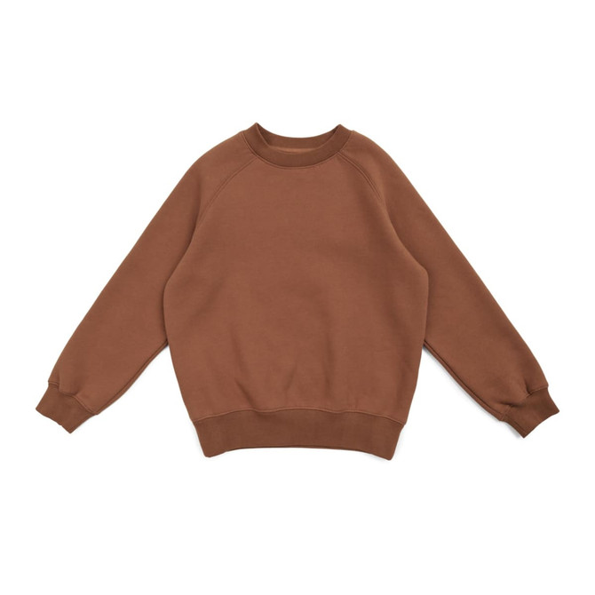 A brown kids' cotton sweatshirt with a round neck and long sleeves. The design features a simple, casual style.