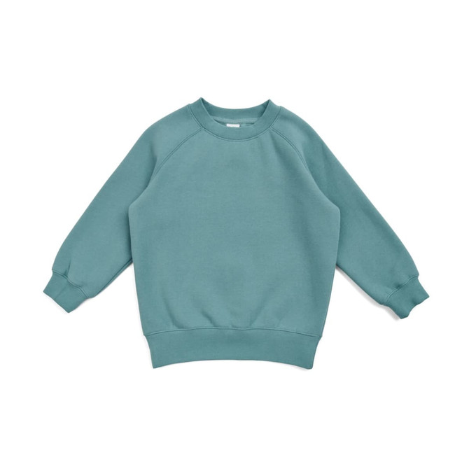 A teal cotton sweatshirt with long sleeves and a ribbed neckline, featuring a logo.