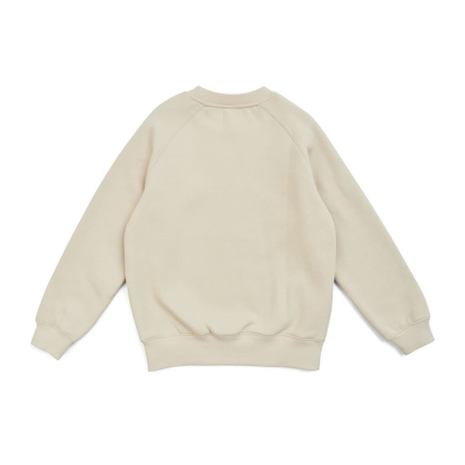 A cream-coloured kids' cotton sweatshirt with a simple design and a round neckline. It has a logo on the back.
