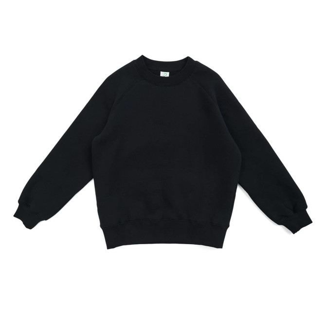 A black cotton sweatshirt with ribbed cuffs and hem, featuring a logo. Suitable for kids.