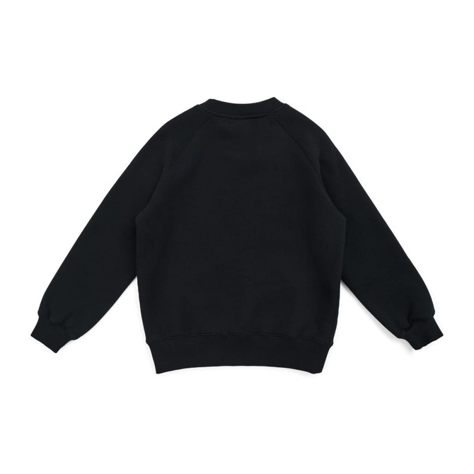 A black kids' cotton sweatshirt with long sleeves and a rounded neckline, featuring a logo.