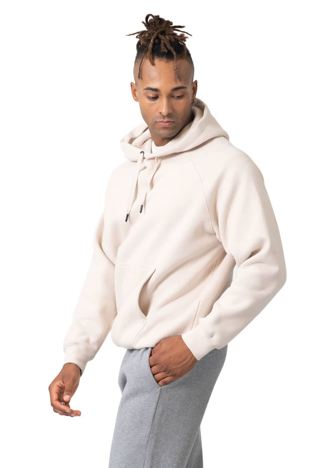 A men's cotton care kangaroo hoodie in a light beige colour, featuring a front pocket and a logo.