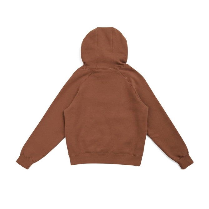 A brown women's junior cotton hoodie with a kangaroo pocket and a hood, featuring a logo.