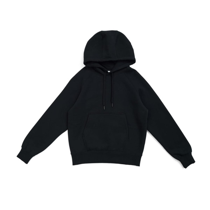 A black kangaroo pocket hoodie with a hood and long sleeves, featuring a logo.