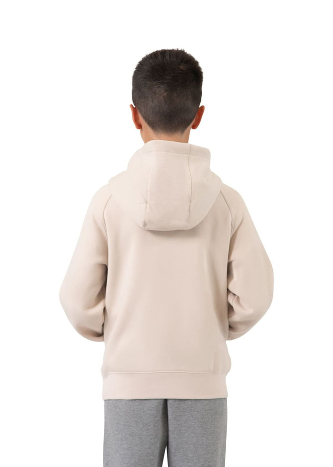 A beige hoodie with a kangaroo pocket, featuring a hood, seen from the back on a young person.