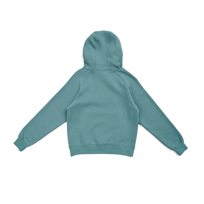 A teal women's cotton hoodie with a kangaroo pocket and a zipper, featuring a hood at the back.