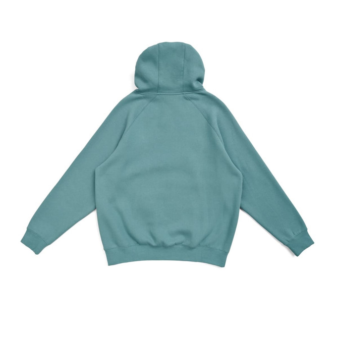 A teal kangaroo pocket zip-up hoodie with a hood and ribbed cuffs. Features a logo on the back.
