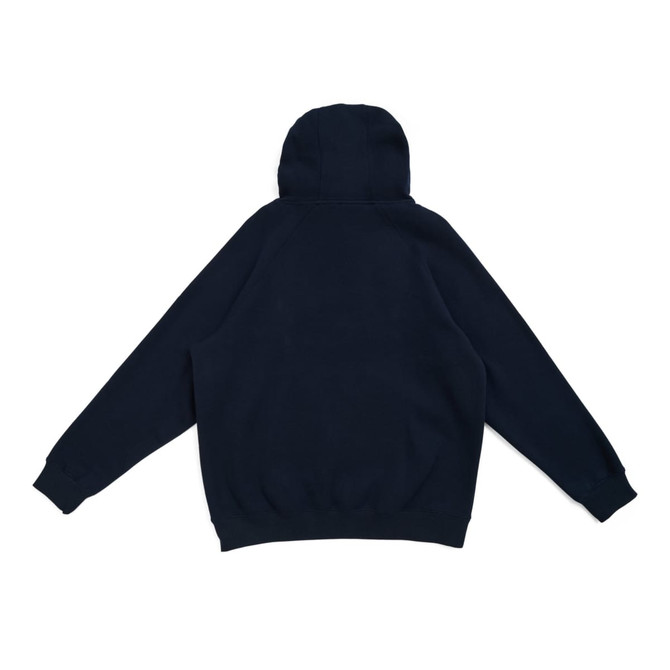 A dark navy hoodie featuring a kangaroo pocket and zipper, designed for men's wear. It includes a logo.