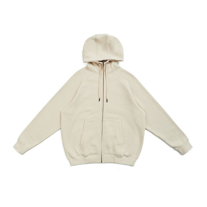 A beige zip-up hoodie with a kangaroo pocket and a hood, featuring an embroidery logo on the chest.