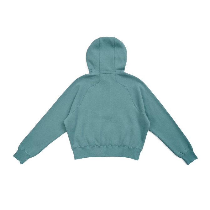 A cotton half-zip jumper in a teal colour, featuring a hood and ribbed cuffs, with a branding logo.