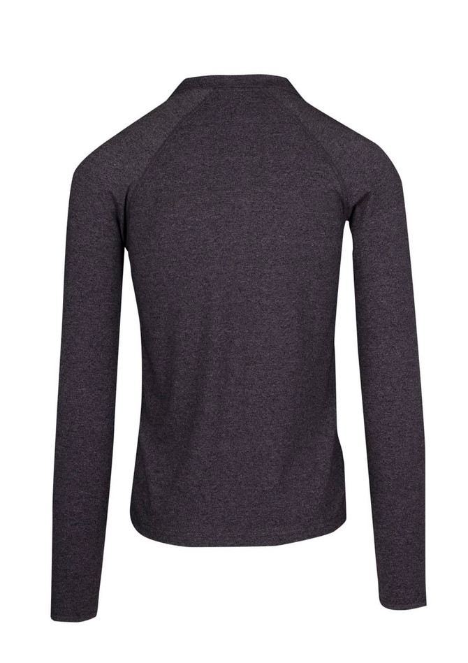A grey half zip mock neck jumper with long sleeves and a fitted design, featuring a logo.