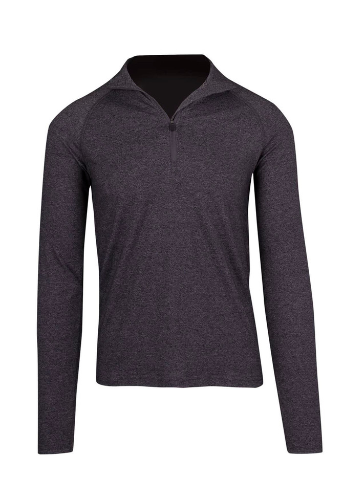 A dark grey half-zip mock neck jumper with long sleeves and a logo on the front.