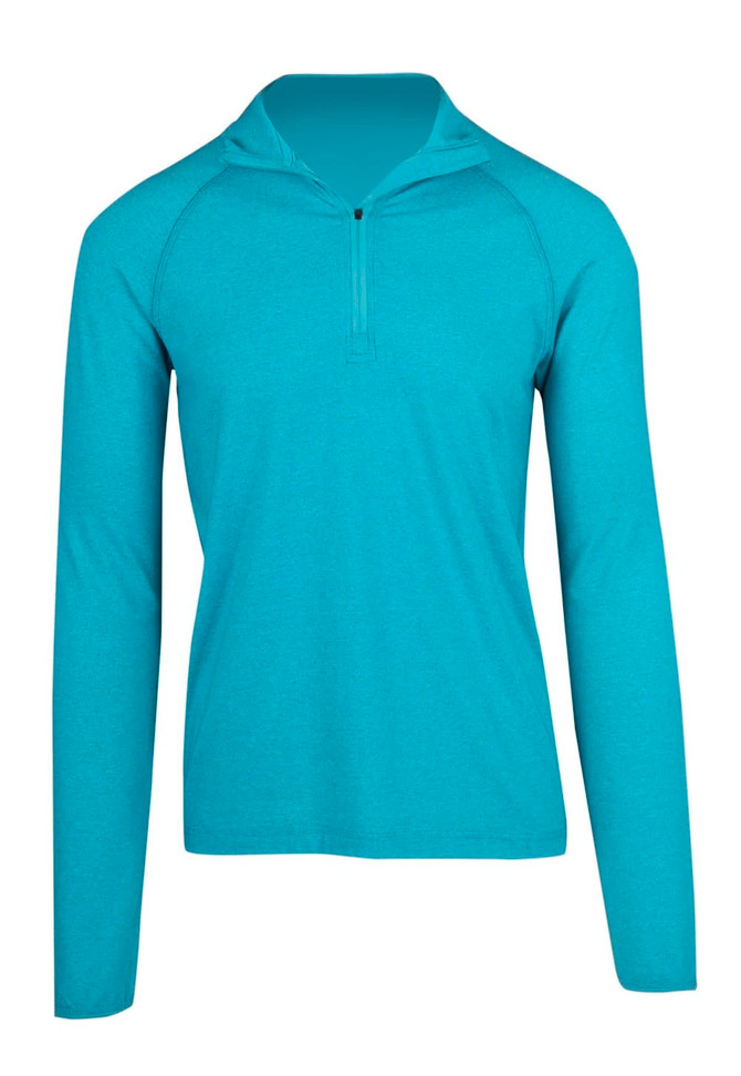 A turquoise half zip mock neck jumper with long sleeves, featuring a logo on the chest.