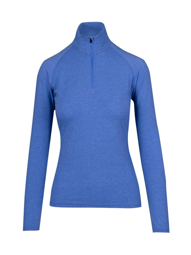 A blue long-sleeve half zip mock neck shirt for women, featuring a fitted design and a small logo.