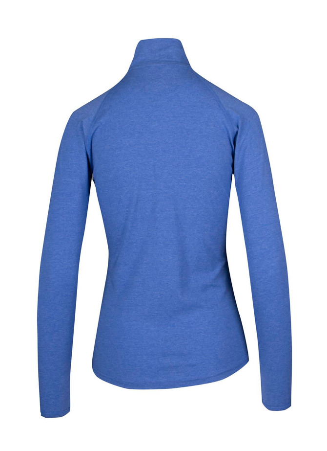 A blue women's half zip mock neck shirt with long sleeves and a fitted design, featuring a logo on the back.