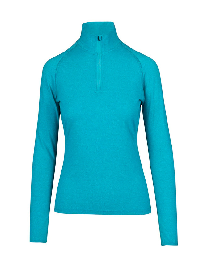 A women's half zip mock neck shirt in a vibrant turquoise colour with long sleeves and a fitted silhouette.