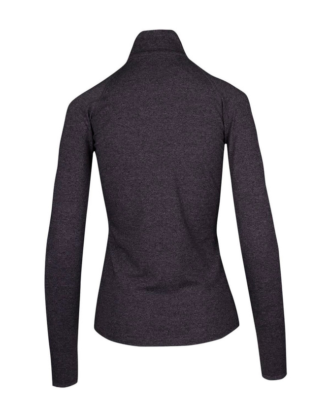 A dark grey women's half zip mock neck shirt with long sleeves and a fitted design. It features a branded logo.