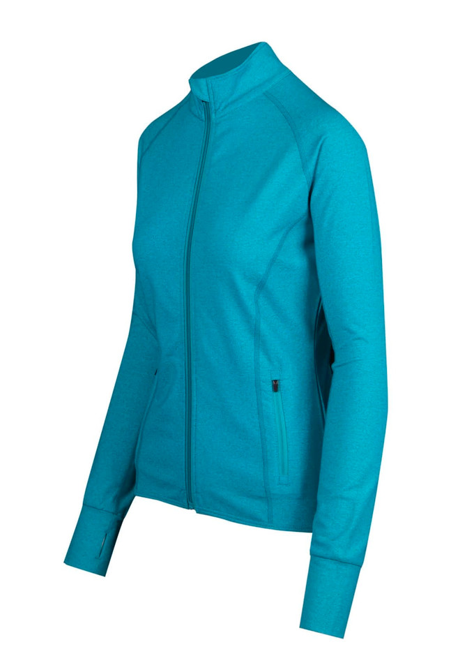 A teal jacket featuring a slim fit, zippered front, and long sleeves, with a logo on the side.
