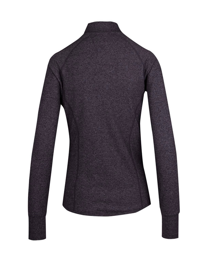 A dark heather grey women's jacket with long sleeves and a high collar. The back view shows a fitted design and stitching details.