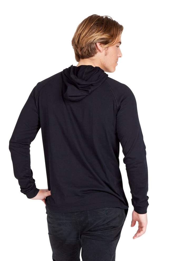 A black unisex hoodie featuring a hood and long sleeves, shown from the back. It has a logo on the design.