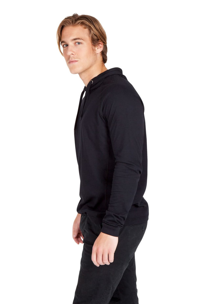 A black unisex hoodie with a front pocket and a drawstring hood, featuring a logo.