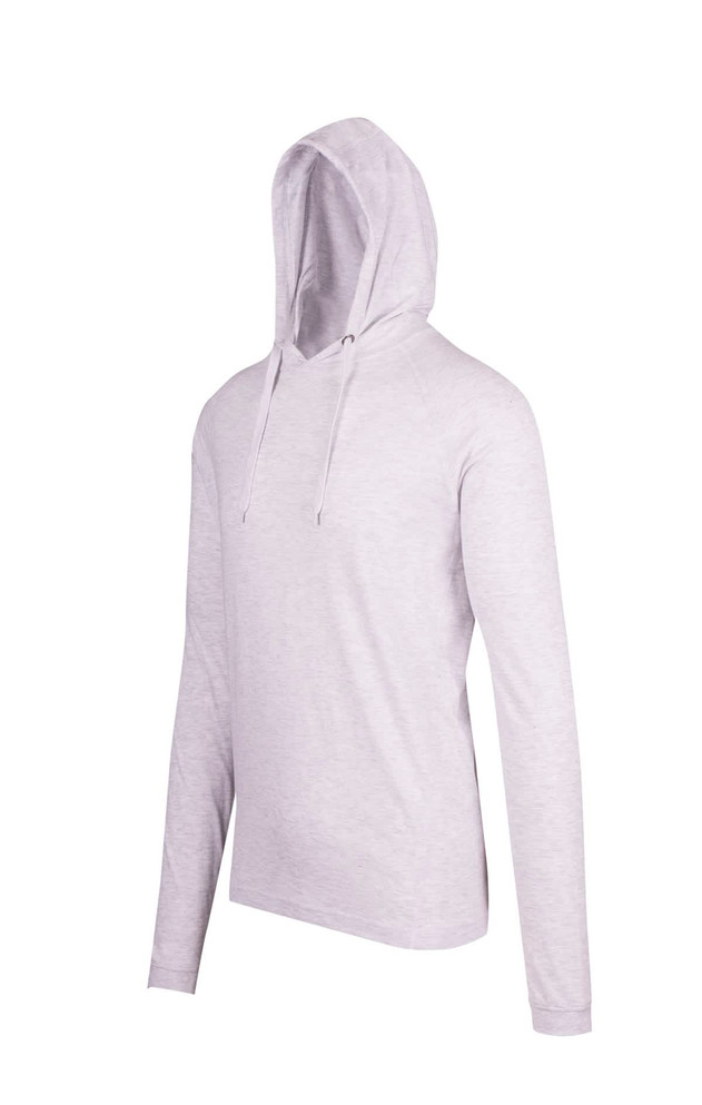 A light grey unisex FUSION T-shirt hoodie with long sleeves and a drawstring hood, featuring a logo.