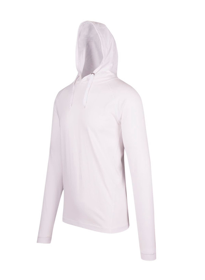 A white unisex hoodie with a drawstring hood, featuring long sleeves and a logo on the front.