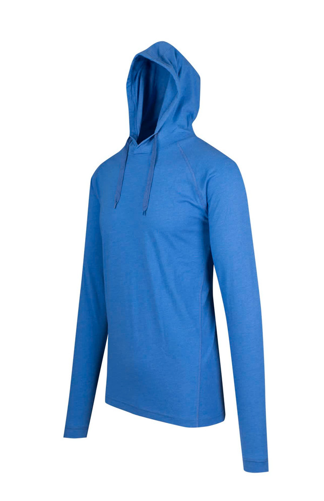 A blue men's/unisex FUSION T-shirt hoodie with a kangaroo pocket and a hood, featuring a logo on the chest.