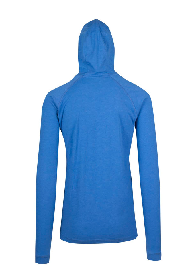 A blue unisex hoodie with long sleeves and a fitted hood, featuring a logo on the back.