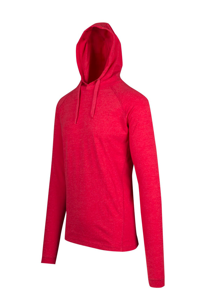 A red unisex hoodie with a drawstring hood and long sleeves, featuring a subtle texture.