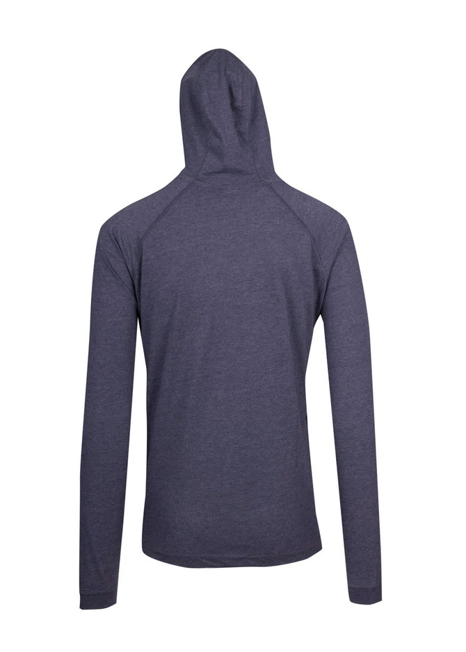 A unisex FUSION T-shirt hoodie in dark grey, featuring a hood and long sleeves, with a logo on the back.