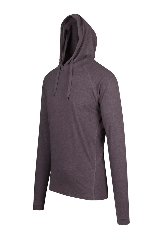 A grey unisex hoodie with a hood and long sleeves, featuring a logo on the front.