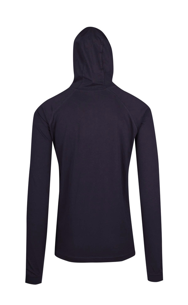 A black men's/unisex FUSION T-shirt hoodie with a fitted design and a hood. Features a logo on the back.