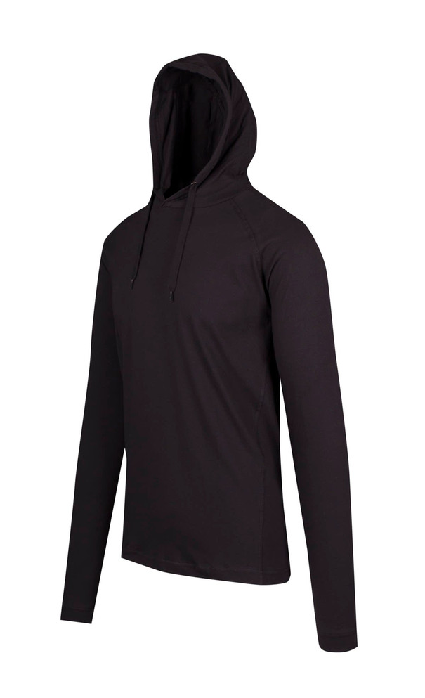 A black men's/unisex hoodie T-shirt with a drawstring hood and long sleeves, featuring a logo on the front.