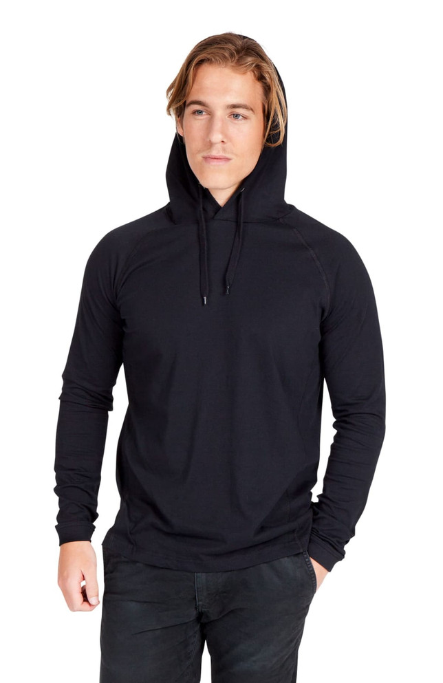 A black unisex FUSION T-shirt hoodie with a relaxed fit and drawstring. Features a logo on the garment.