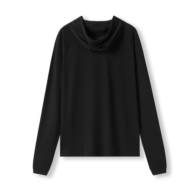 A black unisex FUSION t-shirt hoodie with a hood and long sleeves, featuring a logo.